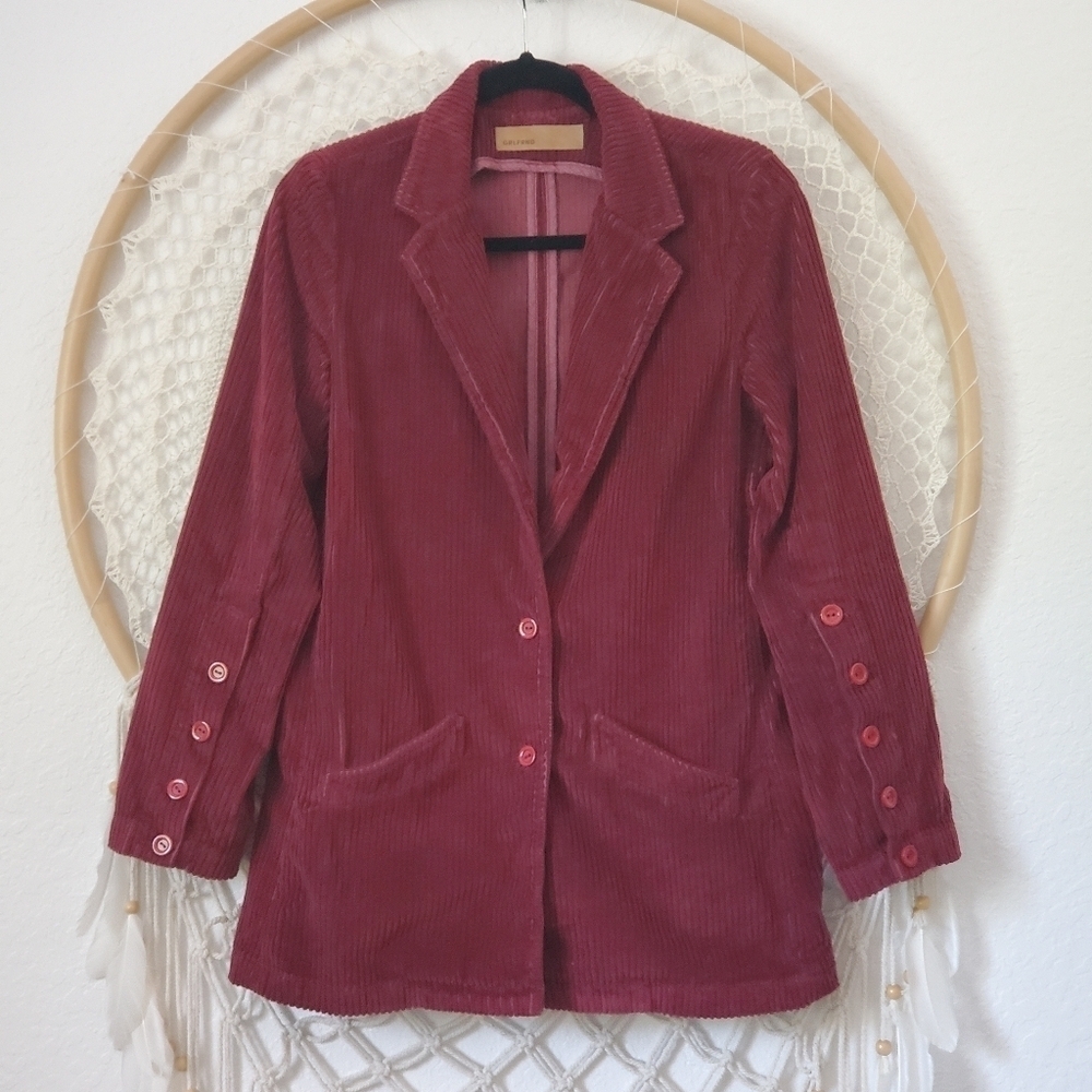 GRLFRND Wide Wale Corduroy 2-Button Blazer Jacket Womens Deep Cranberry Red S